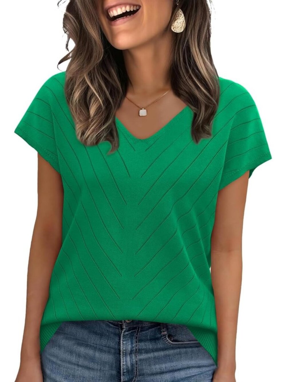 Women's Green Trendy Summer Tops Sweater Pullover V-Neck Pull On Short Sleeve
